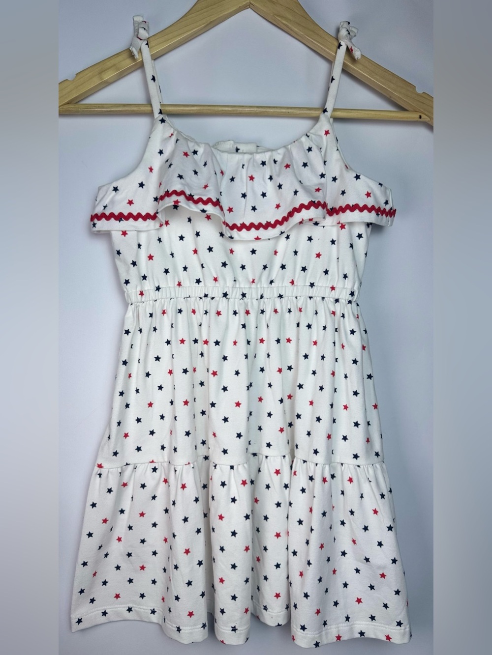 Janie and Jack White Ruffle Dress with Red and Blue Star Print - Size 6 - NWT